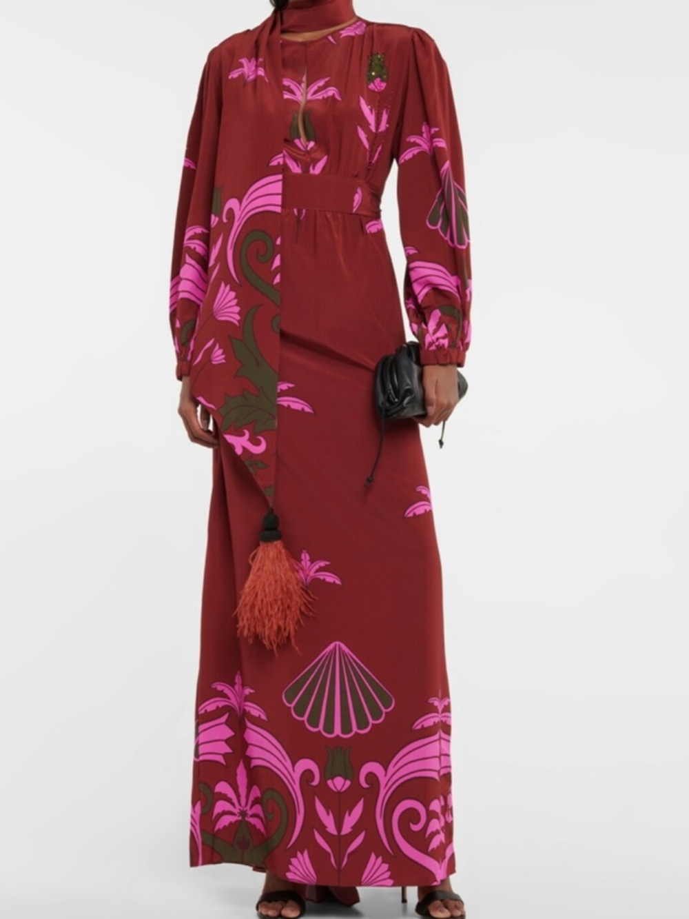 Johanna Ortiz Burgundy Maxi Dress with Pink and Olive Floral Print